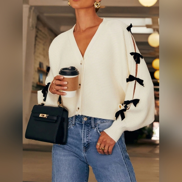 Bow V-Neck Cutout Sleeve Cardigan - Picture 4 of 5